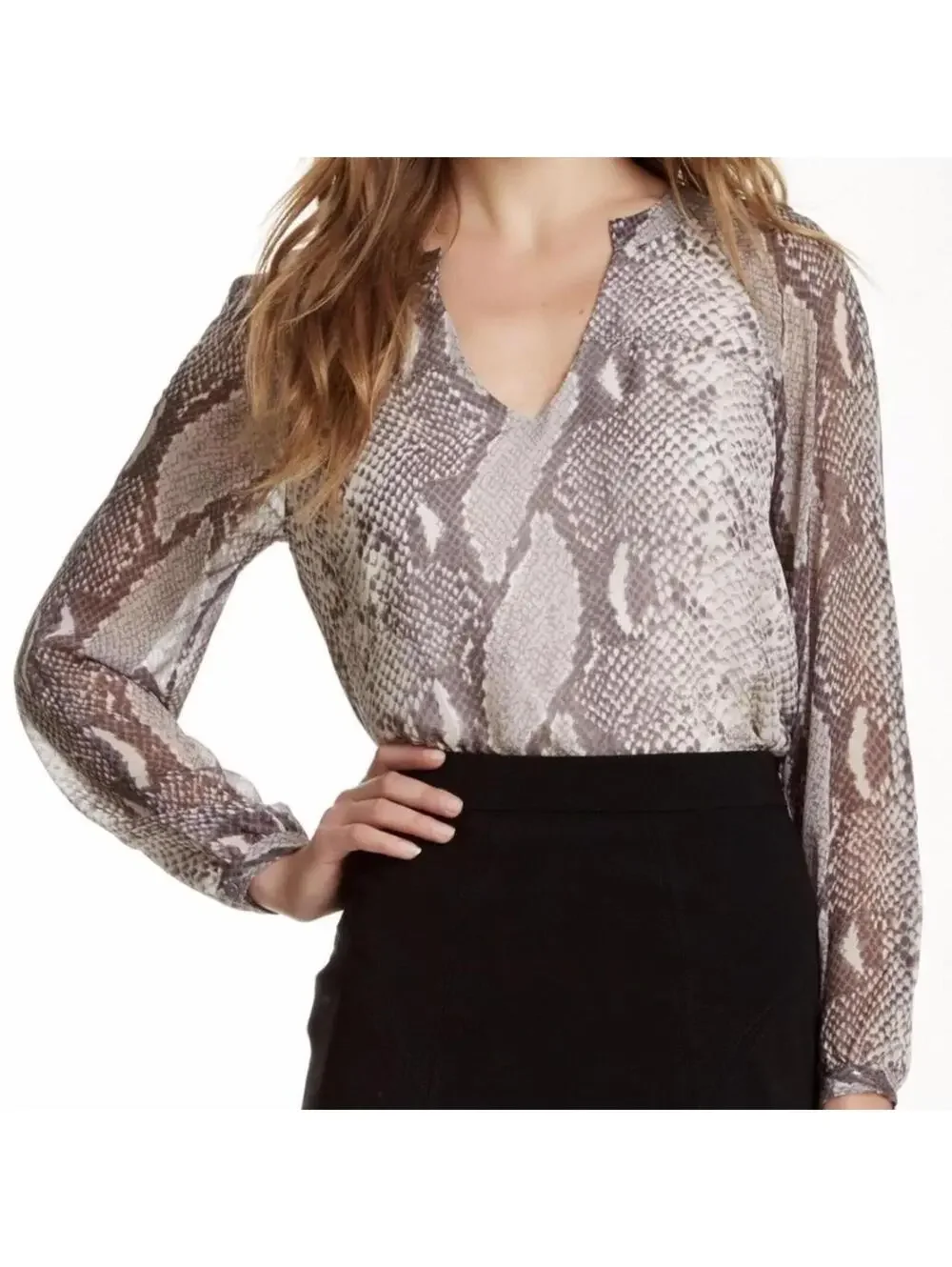 DIANE VON FURSTENBERG Sz 2 MAIKO PRINT SILK LONG SLEEVE BLOUSE IN PYTHON GREY - Picture 3 of 6